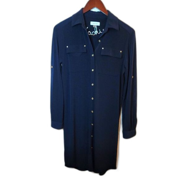Calvin Klein Navy Blue Gold Button Roll Tab Long Sleeve Shirt Dress Size 4 - Picture 1 of 12